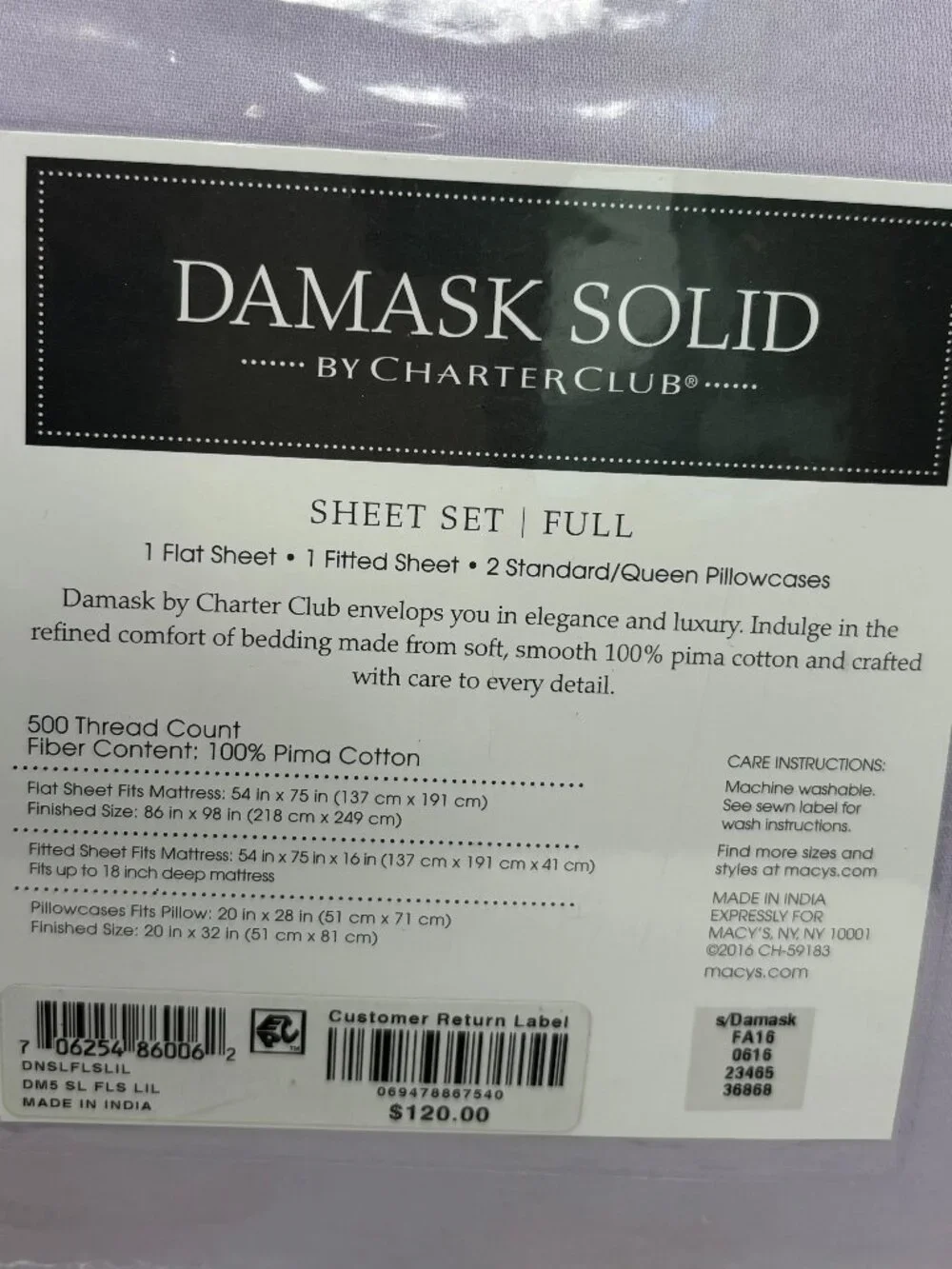 Charter Club Damask Solid 100% Pima Cotton Full Size 4 Piece Sheet Set (NWT)